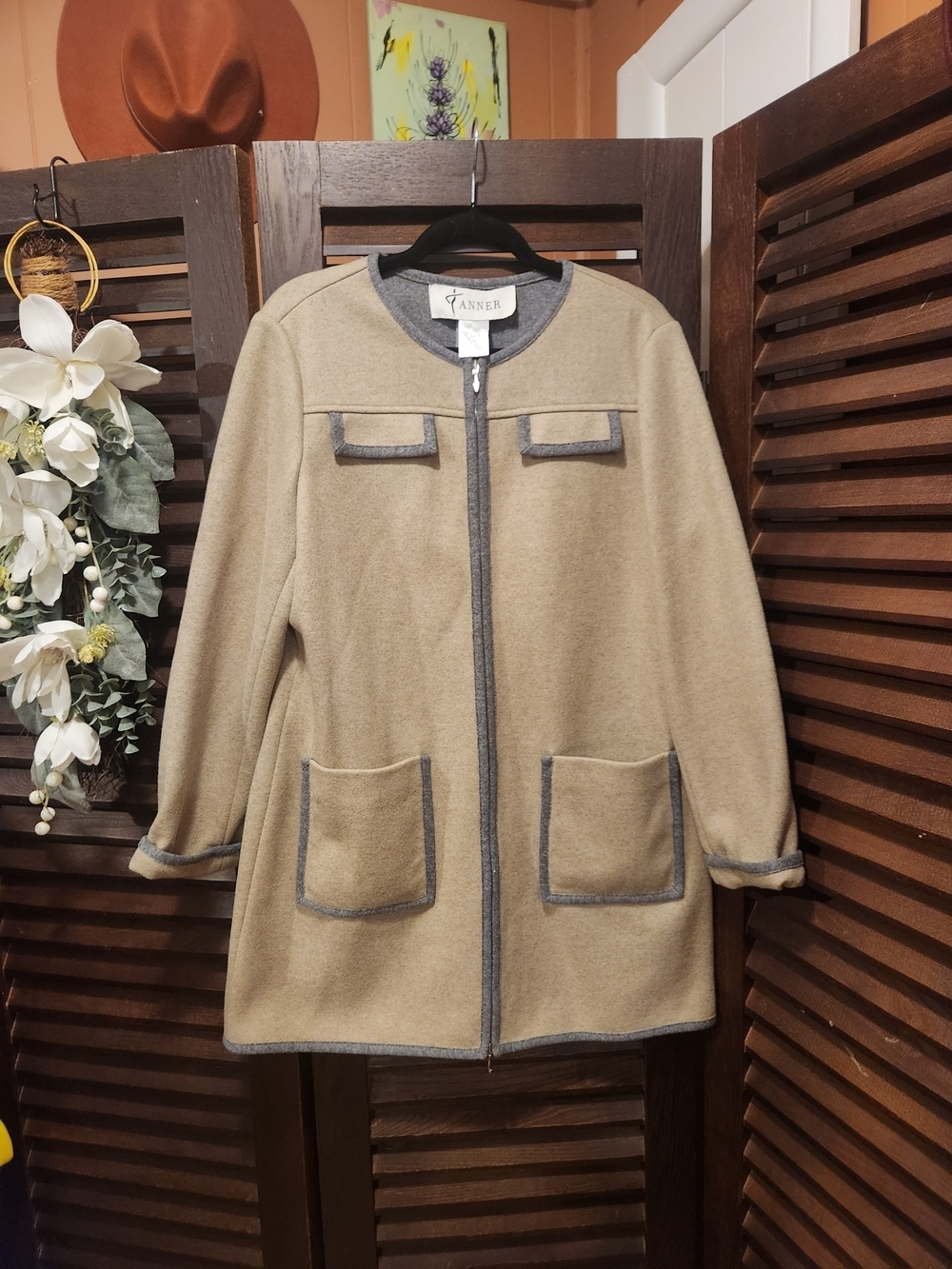 Danner Beige Pea Coat with Gray Trim - Zip Front
